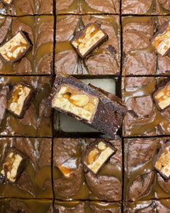 Snickers brownie with a caramel sauce swirl